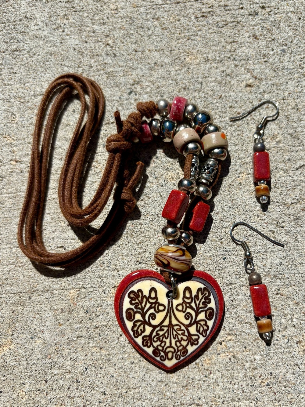 HANDMADE HEART PENDANT NECKLACE AND DANGLING EARRINGS